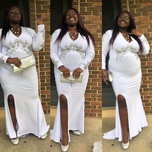 White and silver Prom dress with Spilt